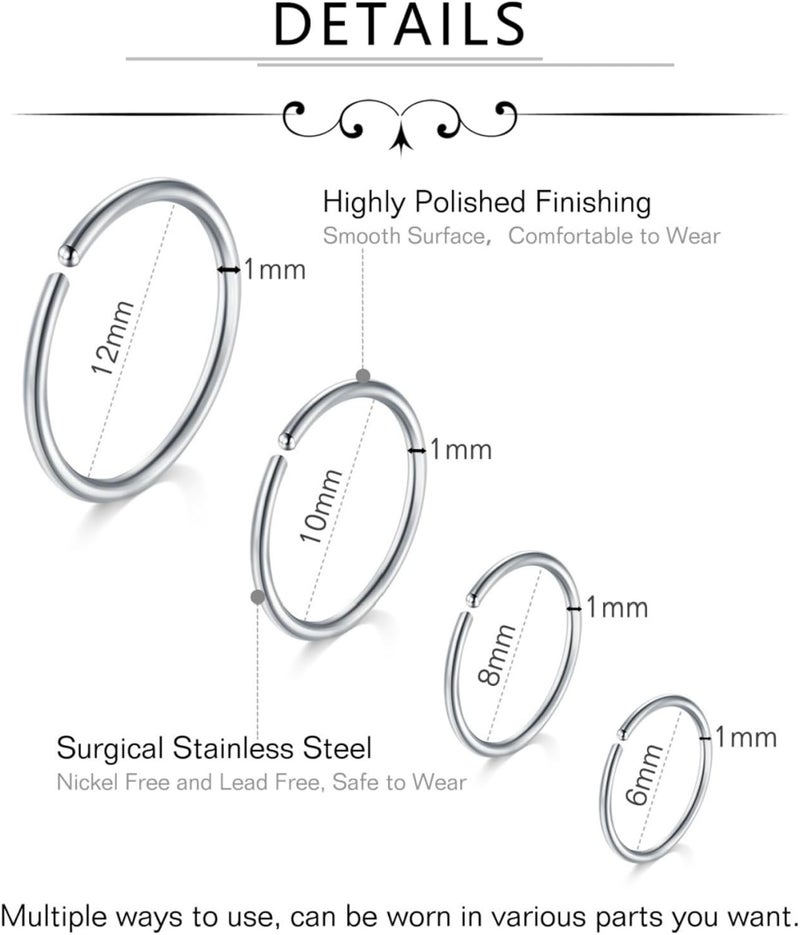 FECTAS Nose Rings Hoops Surgical Steel 18g 20g Gauge 6mm 8mm 10mm 12mm Earrings Piercing Hoops Jewelry for Men Women - Image 2